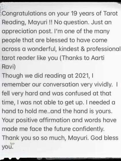 This appreciation post for my 19 years of professional tarot reading meant the world to me. It speaks to the moment a client felt they had fallen hard and needed a hand to hold, and how our session provided that support.