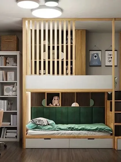 A functional and fun kids' bedroom with a loft bed and an integrated study area. The design uses natural wood and green accents to create a fresh and calming environment perfect for both sleep and homework.
