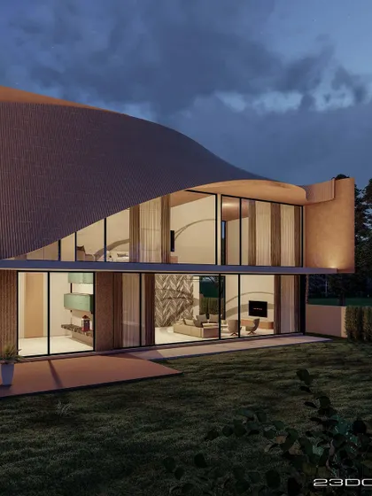 This perspective of the Gemini House highlights the dramatic, curving roof and the extensive use of glass. The design ensures that every room is flooded with natural light and enjoys views of the surrounding greenery.