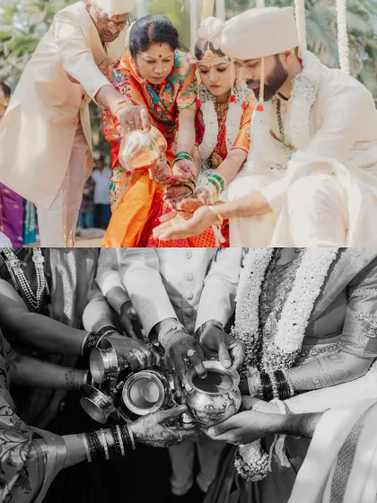A before-and-after style collage showing a key ritual in both color and dramatic black and white.