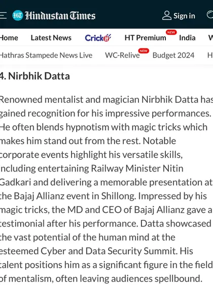 I am now ranked as one of the top 4 mentalists in India according to the Hindustan Times. Thank you all for your incredible love and support on this journey.