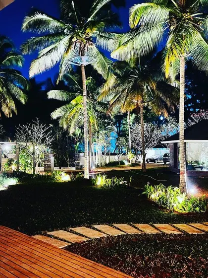 A view from the deck, showing how the garden lighting creates a beautiful, layered vista with the illuminated palm trees creating a dramatic silhouette against the night sky.