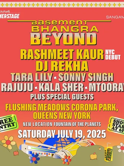 The official poster for Basement Bhangra Beyond. This shows the scale of the event, featuring an incredible lineup of global Desi artists for a free night of music in Queens.
