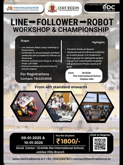 A promotional poster for our Line-Follower Robot Workshop and Championship, detailing the stages from zonal workshops to the grand finale at IIT Delhi.