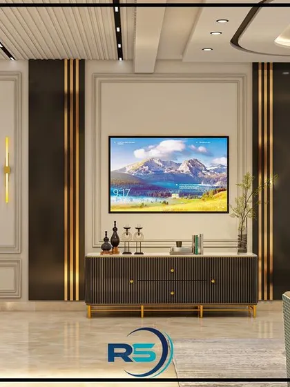 A design for a living room TV wall unit, showcasing a balanced composition with elegant wall molding and sleek doors. The marble flooring and sophisticated ceiling design complete the luxurious look.