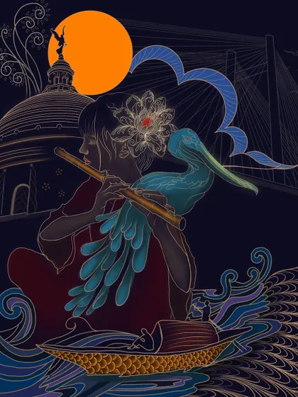 My digital illustration work allows me to blend moody, atmospheric backgrounds with glowing, intricate linework. This piece, 'Sonar Tori,' is an ode to my roots in Kolkata, weaving together landmarks and myths. This style is perfect for creating personalized digital artwork or unique prints that carry a dreamlike quality.