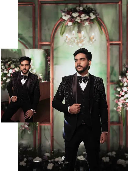 A collage of the groom in his tuxedo, posing against a floral backdrop at the reception.