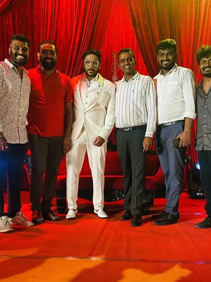 On the grand set for a song shoot for the upcoming movie 'Gani B.Com Pass 2'. Pictured here with the team and actor Abhishek Shetty.