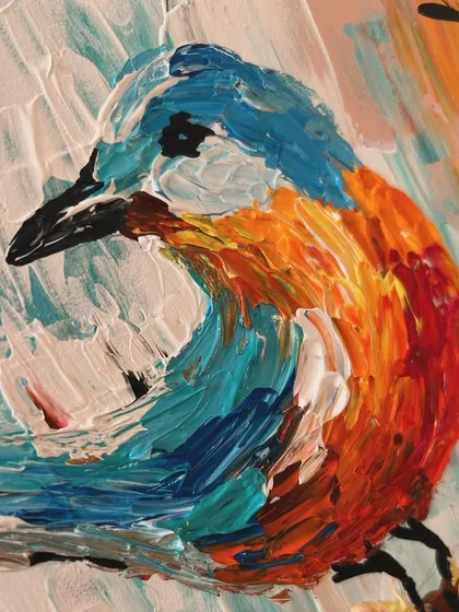 A detailed close-up of the bird's head from my knife painting. You can really see the thickness of the paint and how the colors are layered to create depth and form.