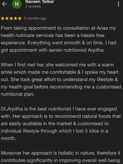 This detailed review highlights our hassle-free process and customized, holistic approach using natural foods. The client's 5kg weight loss in a month is a testament to our effective, personalized plans.