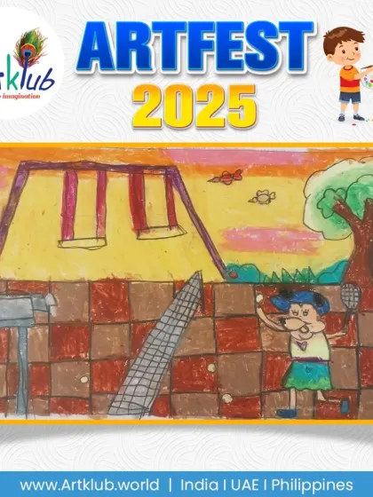 A character enjoying a playground with swings and a slide, created by a junior artist.