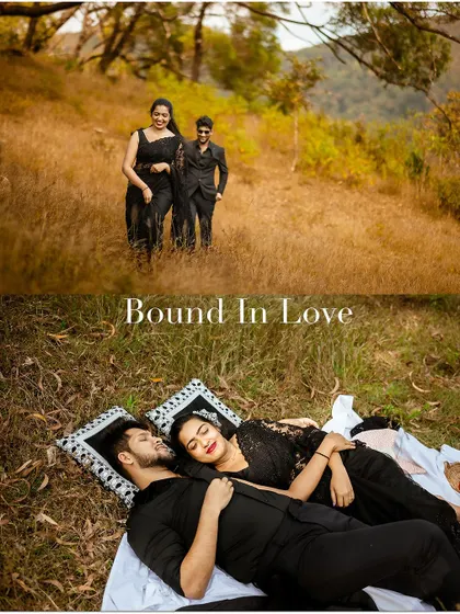 A collage showing a couple dressed in black, enjoying a picnic in a field. The aerial shot of them lying together creates a unique and intimate perspective.