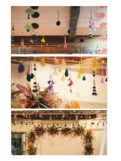 A collage showcasing the vibrant and bohemian decor for a mehendi. The mix of pampas grass, colorful dried leaves, and yarn tassels creates a unique and artistic look.