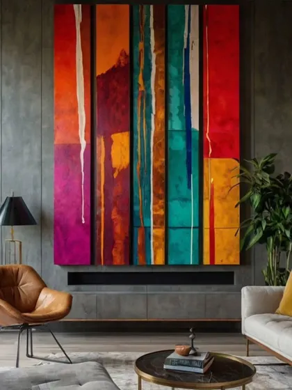 This multi-panel abstract artwork in vibrant, dripping colors is perfect for making a bold statement over a fireplace or in a main living area. We offer custom art solutions for commercial and residential projects.
