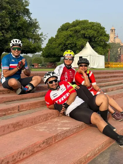 The group relaxing on the steps at Vijay Chowk. It's a great spot to rest and take in the magnificent views.