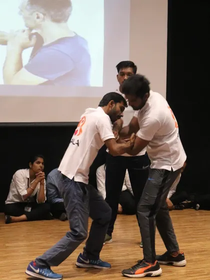Another angle of our demonstration, showing how to use leverage to control an attacker during the GL Bajaj workshop.