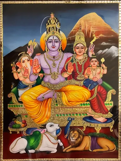 The full, unframed view of our Shiva Family Tanjore painting. This piece captures the cosmic balance and love of the divine family, rendered with the rich detail and gold embellishments characteristic of Tanjore art.