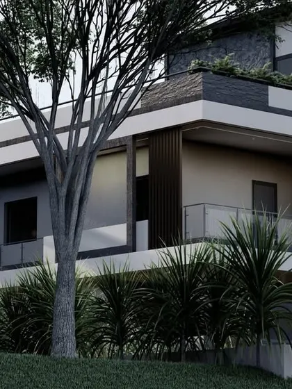 A modern villa design with a focus on indoor-outdoor living. The large balcony and terrace garden on the roof provide ample space for relaxation and enjoying nature.
