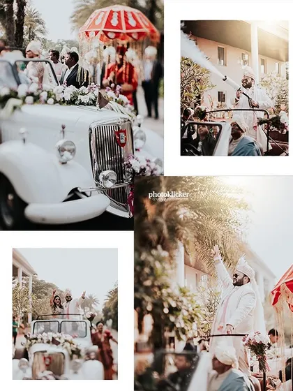 A collage showcasing the groom's grand baraat procession in a vintage car. We capture the energy and tradition of the groom's arrival with dynamic, multi-angle shots.
