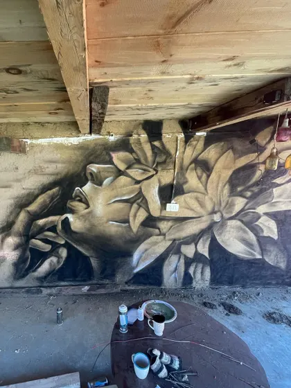 An impromptu mural I painted on a cow dung thatched wall at a homestay in Kalga. The unique texture of the wall gave the portrait a really cool, earthy effect.