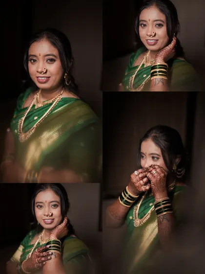 A collage of the bride in her beautiful green saree, a staple of Maharashtrian ceremonies. I capture her expressions, her traditional jewelry, and the intricate details of her look.