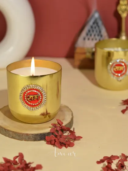 My 'Shri Ram' candle, featuring a beautiful Ram emblem on a golden jar. This candle is designed to bring peace and divine energy into your home.