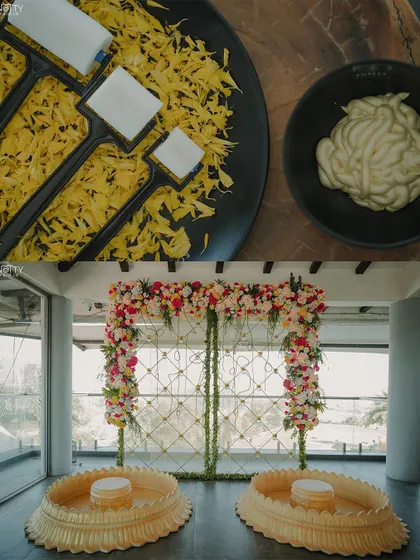 A look at the unique details of a Haldi ceremony, including paint rollers for applying the paste and a beautiful floral setup.