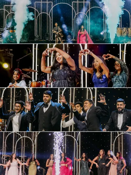 A collage of moments from a spectacular sangeet night. From the couple's grand entry to the energetic group performances, the stage with its modern arched backdrop and dynamic lighting was the center of all the action.
