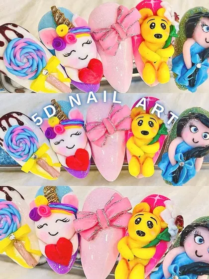 Fun and whimsical 5D nail art featuring cartoon characters, including a unicorn, a teddy bear, and a princess, showcasing the versatility of sculpting gels.