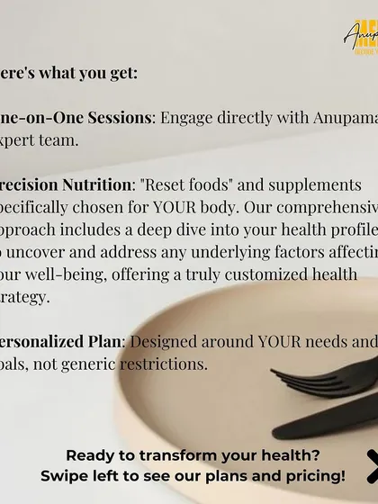 Here's what you get with my team: one-on-one sessions, precision nutrition with "reset foods," and a personalized plan.