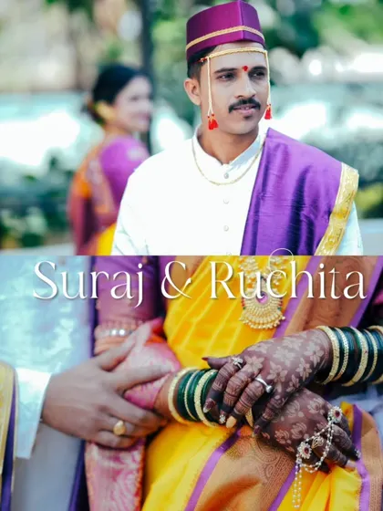 A collage that tells a story of connection. The top image shows the groom with the bride in the background, while the bottom is a close-up of their hands, symbolizing their union.