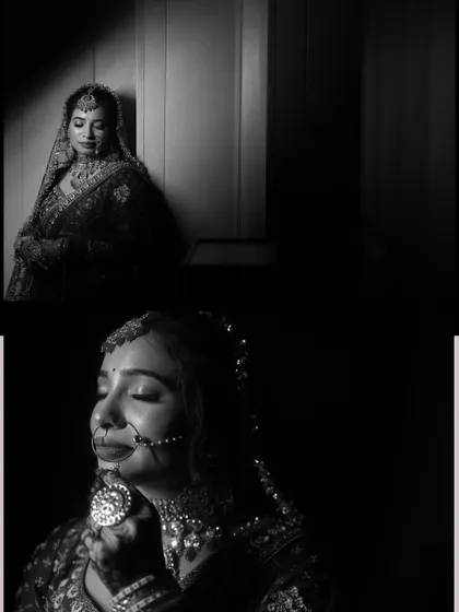 A dramatic black and white collage of bridal portraits, using shadows and light to create a timeless and artistic feel.