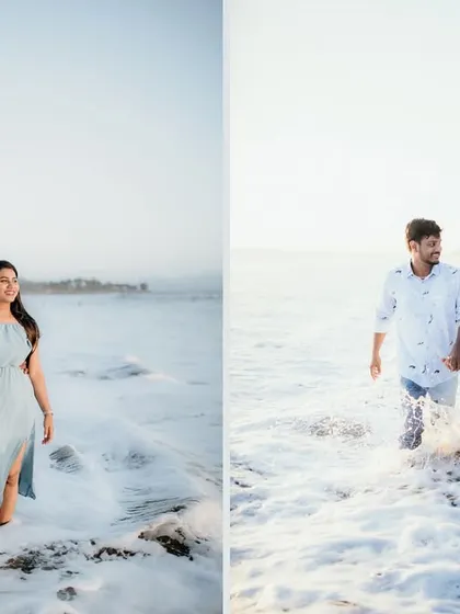 A collage showing a couple enjoying the foamy waves at the beach during their pre-wedding shoot.