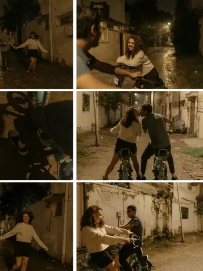 More playful moments from the bike ride session, showing the fun and laughter shared between the couple.