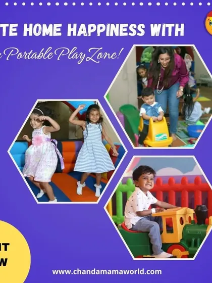 Ignite home happiness with my portable playzone. This collage features kids jumping, driving a mini train, and a mother playing with her child, all examples of the joy I bring to your home.