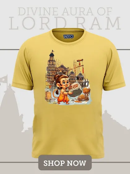 A cute and unique design showing a young Lord Hanuman helping build the Ram Mandir. A playful yet devotional print.