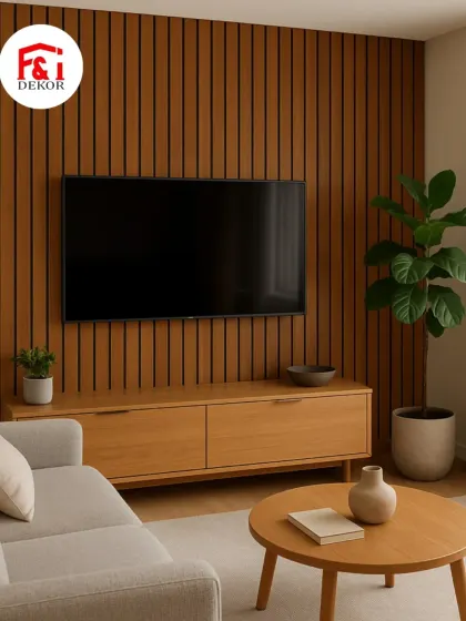 Dekhiye 5G fluted panels ka kamaal. Yeh TV ke peeche ek perfect backdrop banate hain, jisse ek clean aur modern Scandinavian look milta hai.