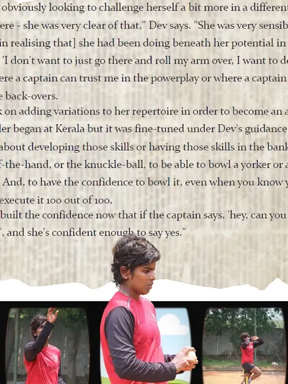 An article snippet detailing how Arundhati Reddy developed her skills with us to become an all-phase T20 bowler, trusted by her captain in any situation.