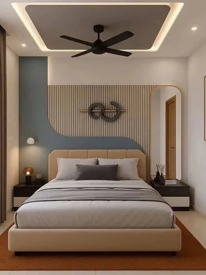 This 3D render showcases a modern bedroom with a unique, wave-like accent wall behind the bed. The combination of teal, beige, and wood tones, along with a minimalist false ceiling, creates a calm and contemporary space.