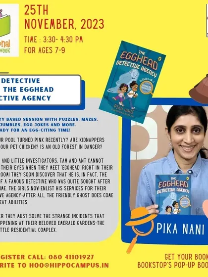 My poster for the "Play Detective" event with author Pika Nani. It promised an egg-citing time with puzzles, mazes, and word jumbles based on her popular book series.