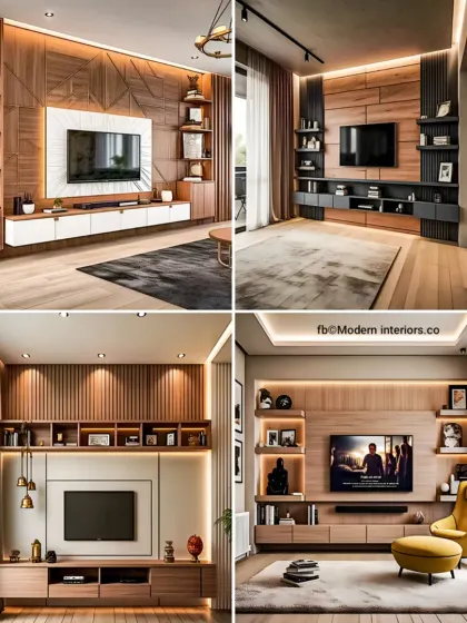 A collage showcasing four different modern TV unit designs. We offer a variety of styles, from geometric wood paneling to minimalist floating shelves with integrated lighting.