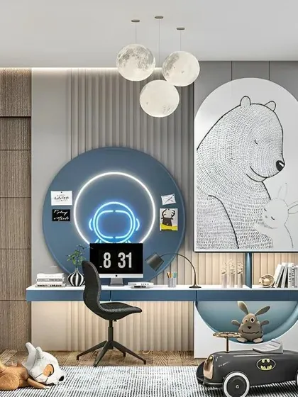 This creative kid's room features a desk with a unique circular neon light and bear-themed artwork. The design is playful and modern, with plenty of space for study and hobbies.