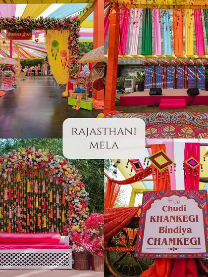 A vibrant "Rajasthani Mela" theme, bursting with color, traditional textiles, puppets, and floral arrangements, creating a festive and cultural experience.