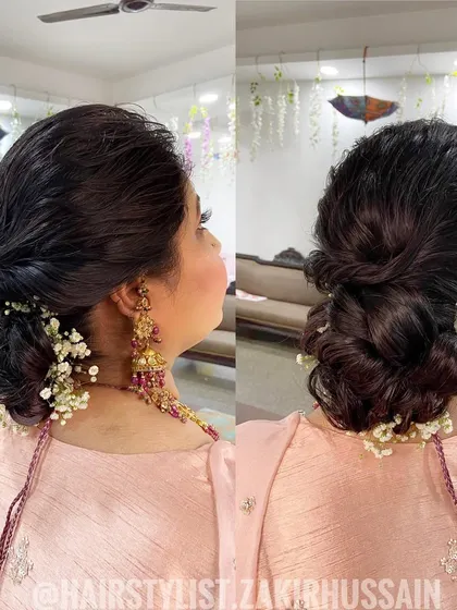 A collage showing the soft low bun from different angles, highlighting its delicate beauty.