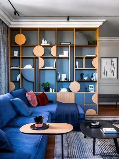 A highly creative room divider and bookshelf unit. The design plays with geometric shapes, using circular cabinet doors to break the grid and add a playful, artistic touch to the living space.