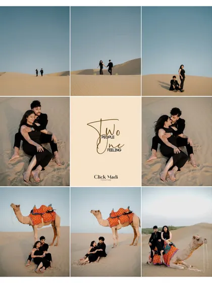 A grid of photos telling the story of a desert romance in Rajasthan, from wide shots of the dunes to intimate embraces and moments with a camel.