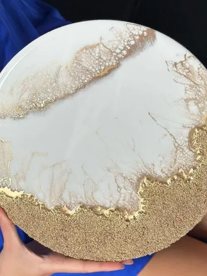 Another view of the elegant white and gold resin art, perfect for a chic home interior.