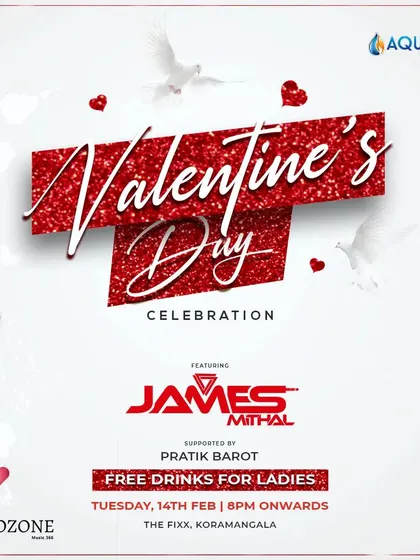 A Valentine's Day celebration poster. These nights are about playing the best love anthems and creating a memorable night for couples and singles alike.