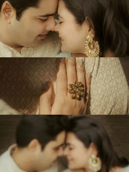 A collection of intimate details from a pre-wedding shoot: the touch of their hands, a close-up of their faces, and the beautiful engagement ring.