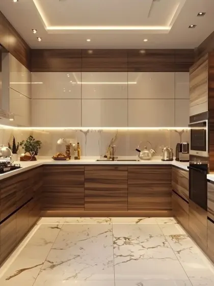 A spacious U-shaped kitchen designed with warm wood-grain cabinets and a white marble floor. The layout provides ample counter space for meal preparation, and under-cabinet lighting ensures the work surfaces are well-lit.